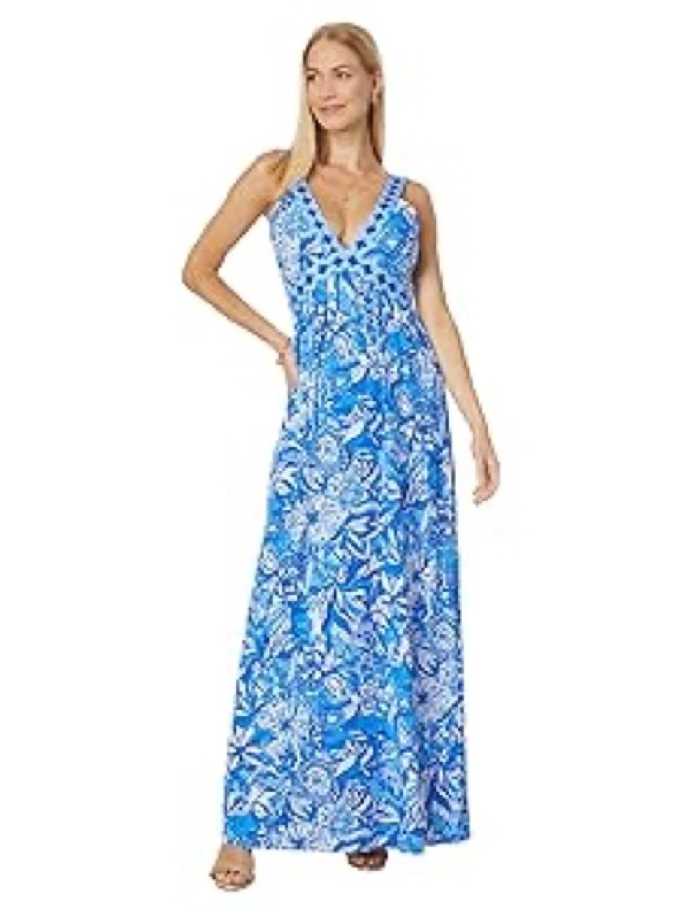 New Lilly Pulitzer Serena V-Neck Maxi Dress Blue Tang Flocking 4